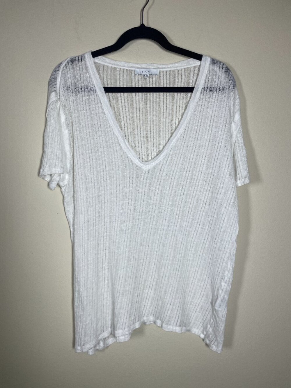 IRO Trixie Women's SS White Stripe Sheer 100% Linen V-Neck Tee Shirt Medium
